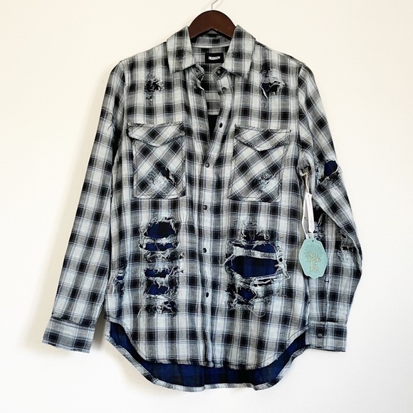Nwt HUDSON Plaid Kari Distressed Button-Down Top - Picture 1 of 7